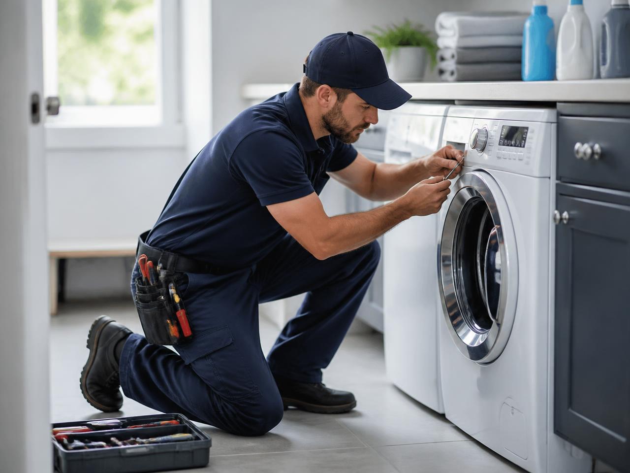 Professional technician repairing a washing machine in a Chicago home.